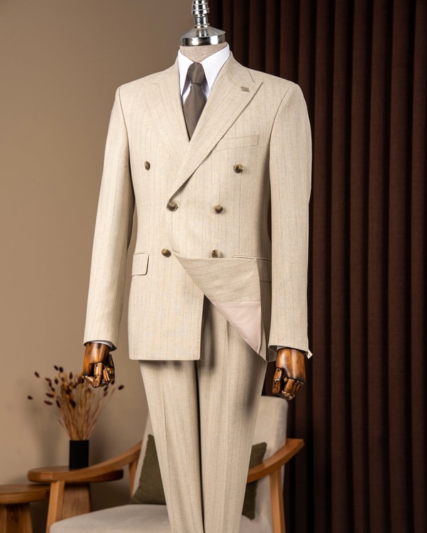 Slim fit erkek sivri yaka çizgili kruvaze keten karışım ceket pantolon takım elbise bej T20137-09