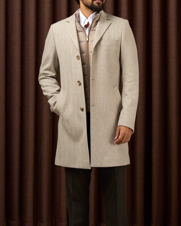 İtalyan stil slim fit çıkma yaka balıksırtı desenli kaşe erkek kaban bej T15010