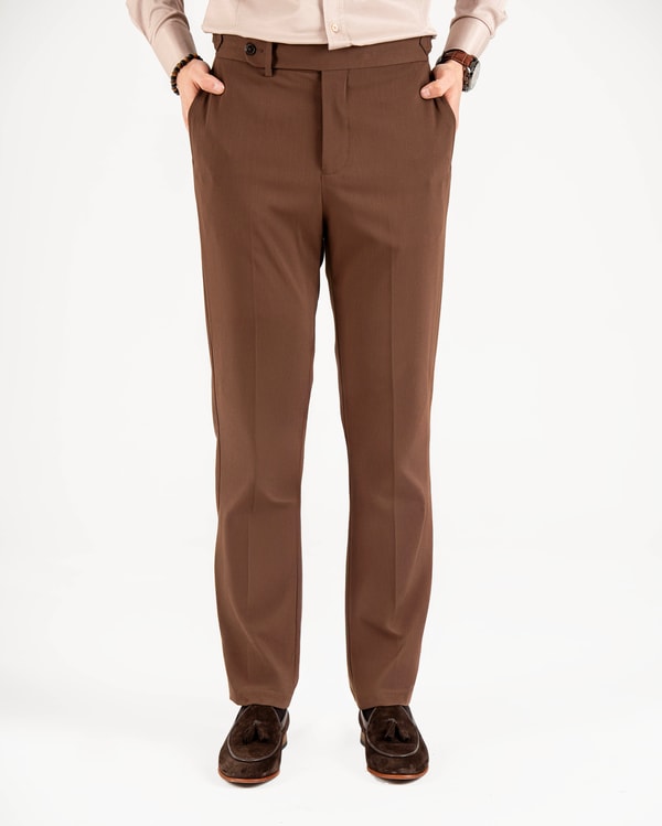 İtalyan stil slim fit bel detaylı erkek pantolon kahverengi T14928
