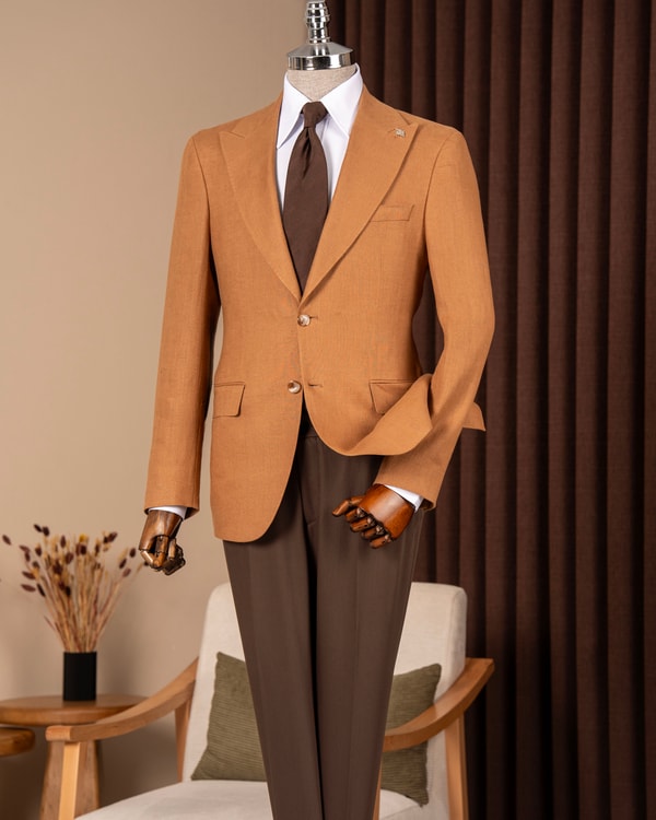 Slim fit erkek sivri yaka keten tek ceket camel T20157-11