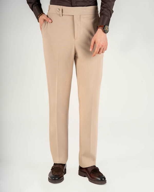 İtalyan stil slim fit bel detaylı erkek pantolon bej T14929