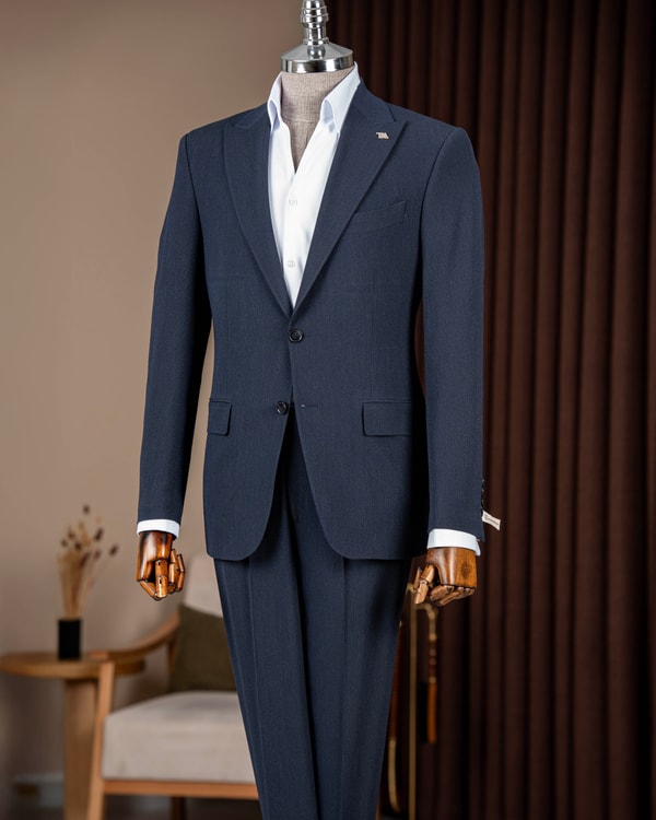İtalyan stil slim fit erkek sivri yaka ceket pantolon takım elbise lacivert T20082-02