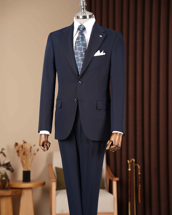 İtalyan stil slim fit erkek mono yaka ceket pantolon takım elbise A.lacivert T20064-34