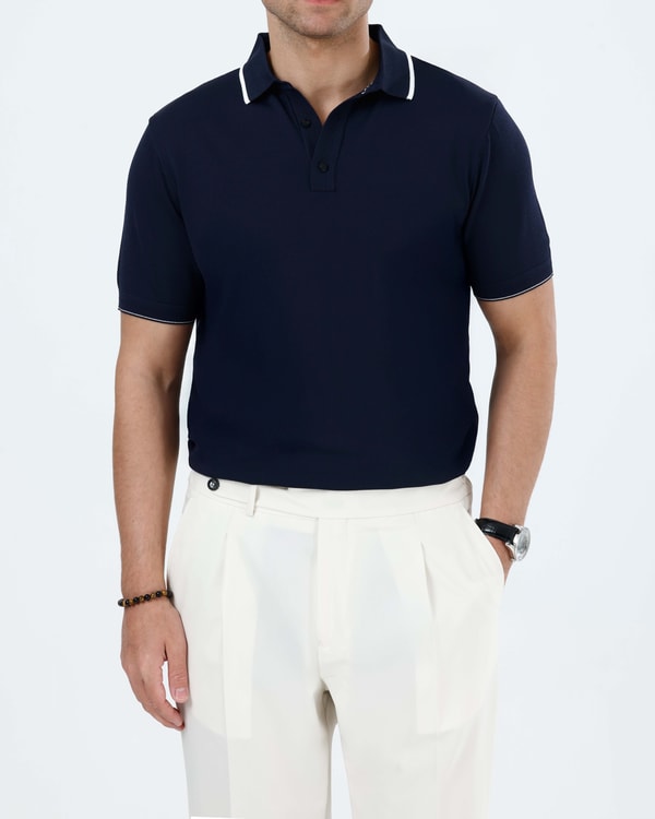 İtalyan stil slim fit erkek polo yaka kısa kollu triko tişört lacivert T20032-02