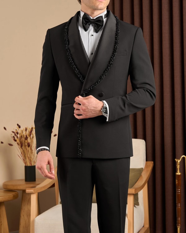 Slim fit erkek kruvaze şal yaka taşlı ceket pantolon damatlık set siyah T20081-01