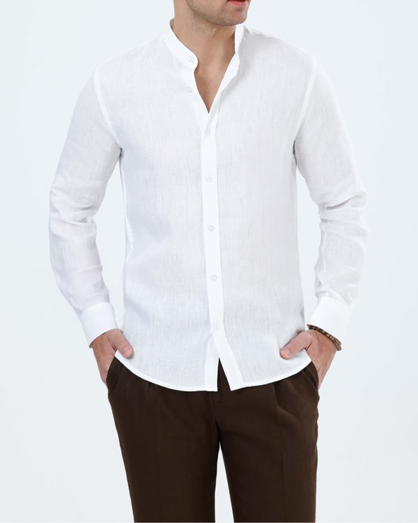 İtalyan stil slim fit erkek hakim yaka keten gömlek beyaz T20055-07