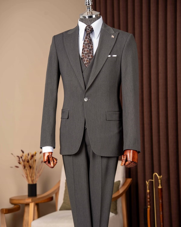 Slim fit erkek sivri yaka ceket yelek pantolon takım elbise antrasit T20125-08