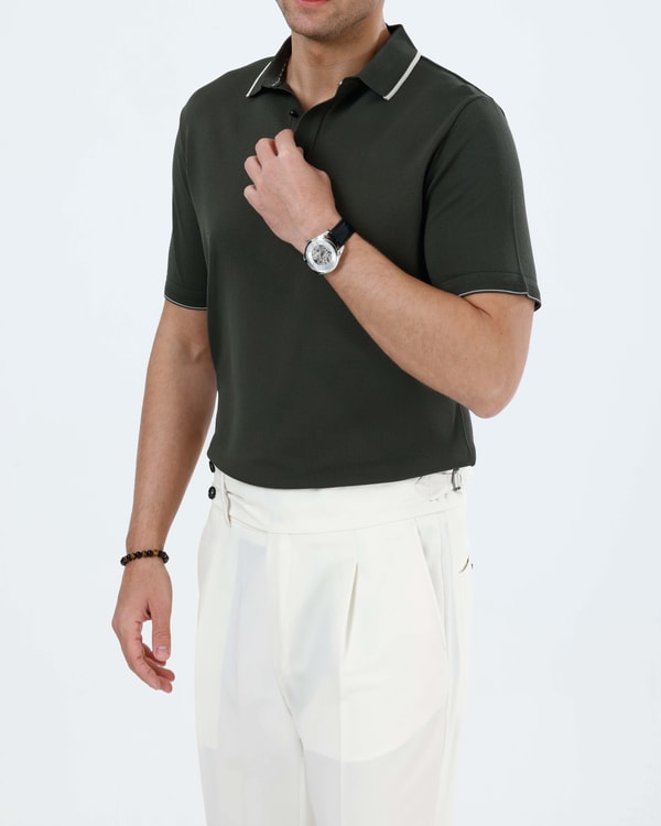 İtalyan stil slim fit erkek polo yaka kısa kollu triko tişört yeşil T20032-28