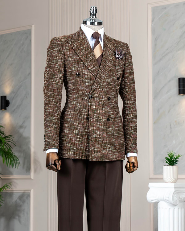 İtalyan stil slim fit kruvaze erkek ceket kahverengi T10963