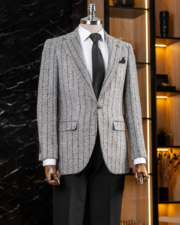 İtalyan stil slim fit mono yaka erkek tek ceket gri T13593