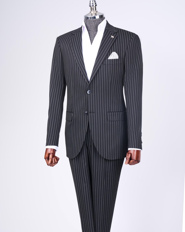 İtalyan stil slim fit çizgili ceket pantolon takım elbise siyah T11931