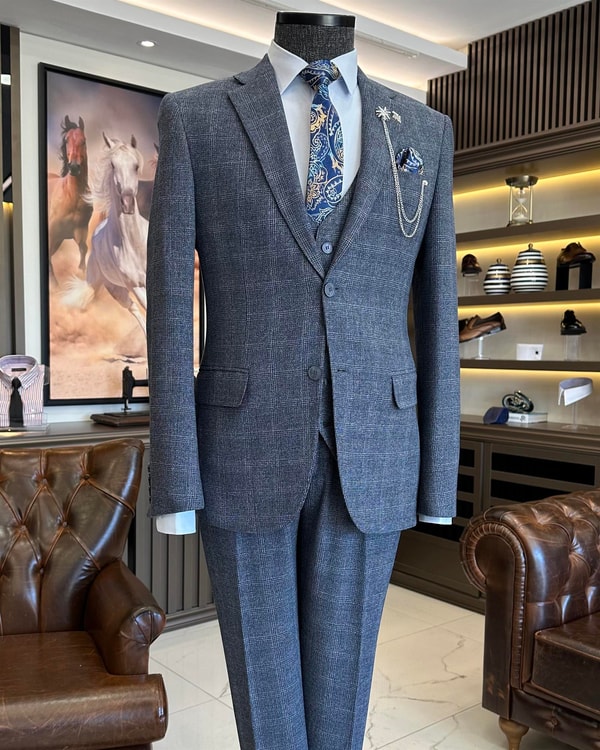 İtalyan stil slim fit yün karışımlı ceket yelek pantolon takım elbise lacivert T9862