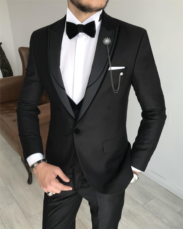 İtalyan kesim ceket yelek pantolon damatlık set Siyah T7845