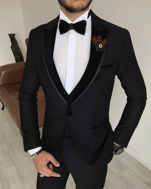 İtalyan kesim ceket yelek pantolon damatlık set Siyah T7880