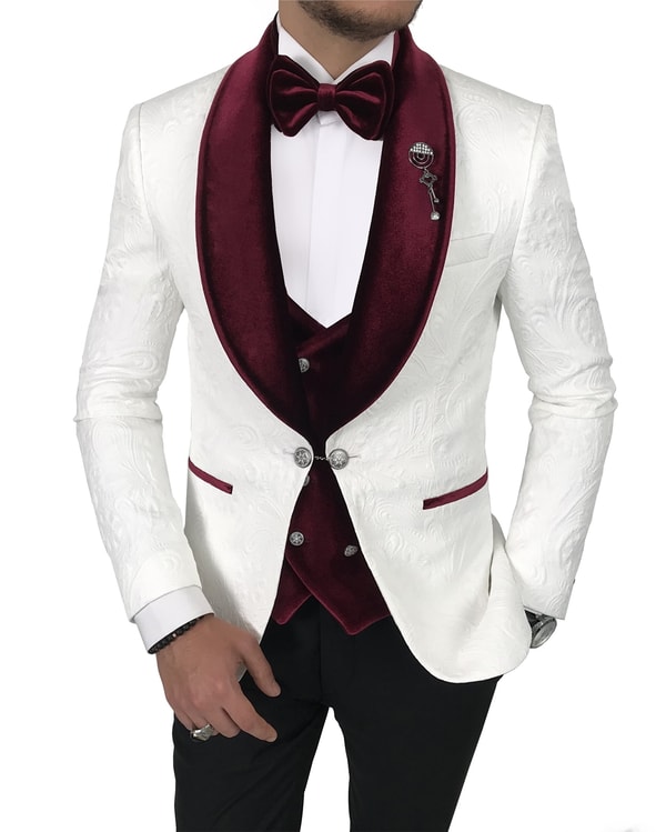 İtalyan kesim ceket yelek pantolon damatlık set Beyaz T7851