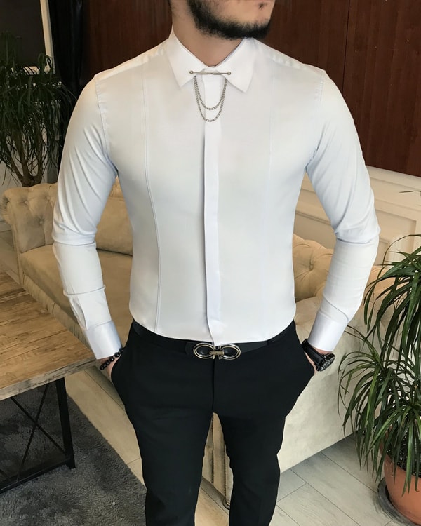 İtalyan kesim slim erkek  saten buz mavisi zincirli gömlek T6792