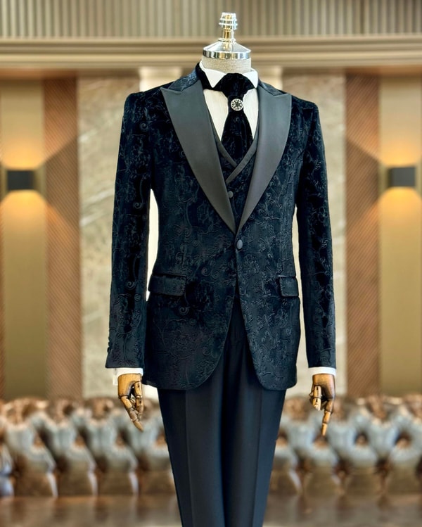 İtalyan kesim slim fit ceket yelek pantolon damatlık set Siyah T12519
