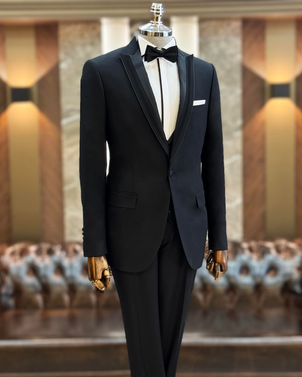 İtalyan kesim slim fit ceket yelek pantolon damatlık set Siyah T11821