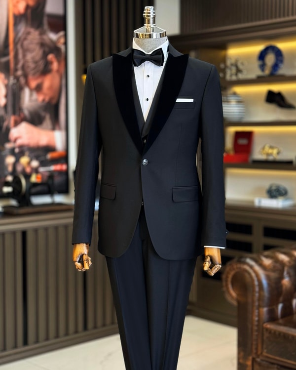 İtalyan kesim slim fit ceket yelek pantolon damatlık set Siyah T12309