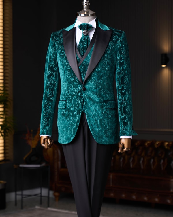 İtalyan kesim slim fit ceket yelek pantolon damatlık set yeşil T12520