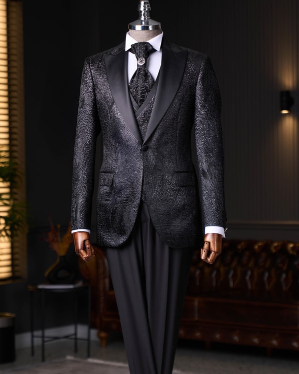 İtalyan kesim slim fit ceket yelek pantolon damatlık set siyah T12522