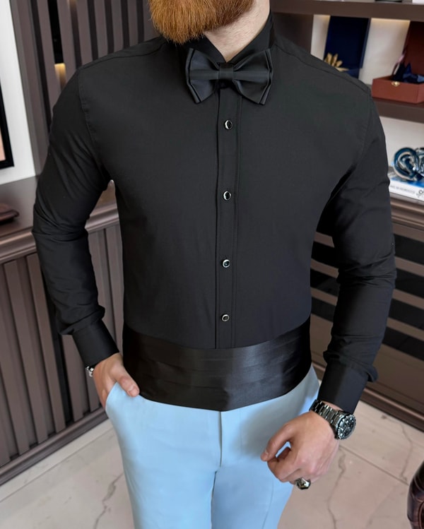 İtalyan kesim slim fit damatlık ata yaka erkek gömlek Siyah T7526