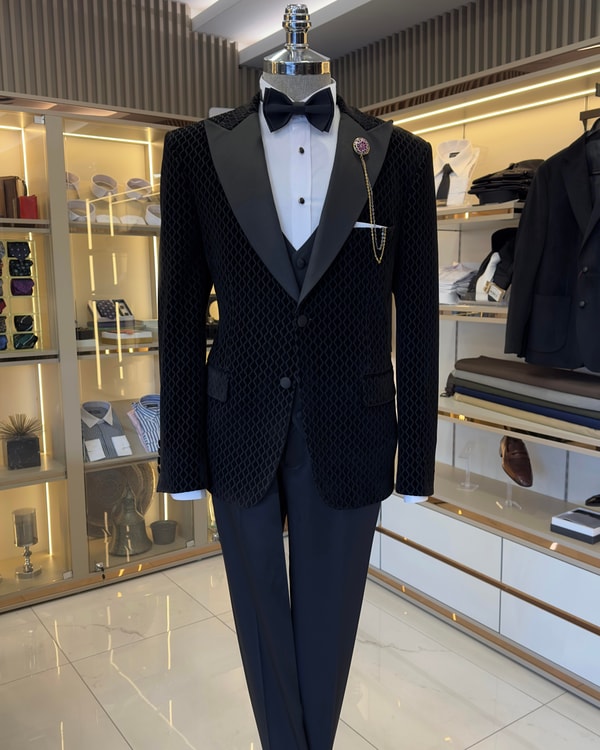 İtalyan kesim slim fit kadife detaylı ceket yelek pantolon damatlık set siyah T10038