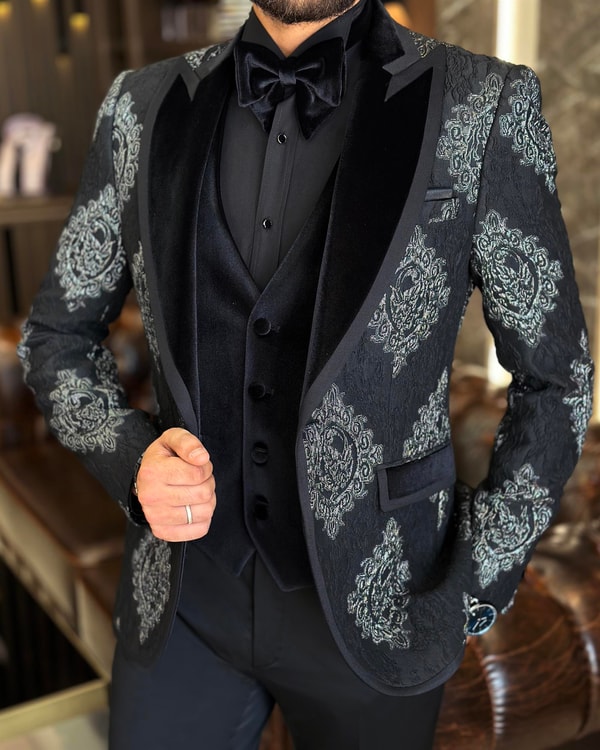 İtalyan kesim slim fit kırlangıç yaka ceket yelek pantolon damatlık set siyah T10229