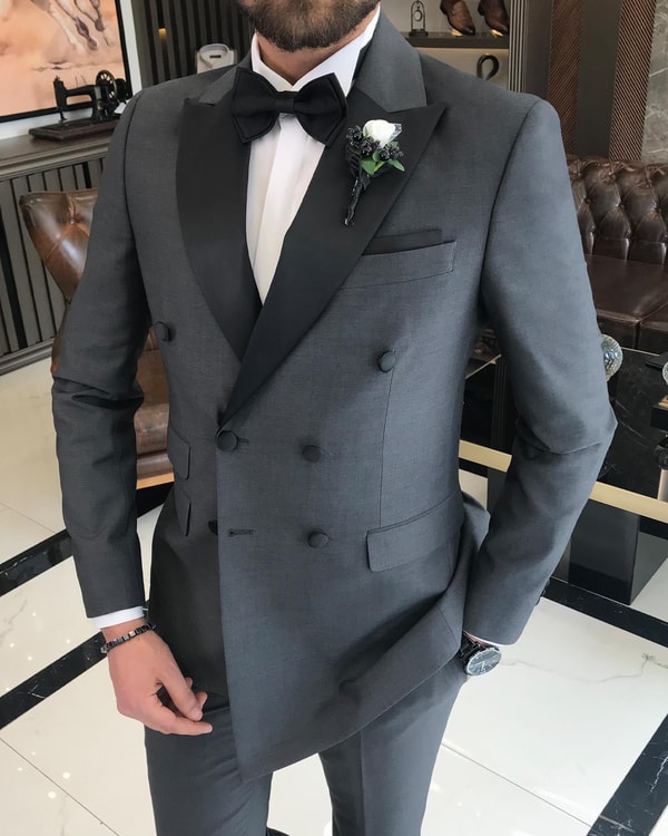 İtalyan kesim slim fit kruvaze ceket pantolon damatlık set antrasit T9217