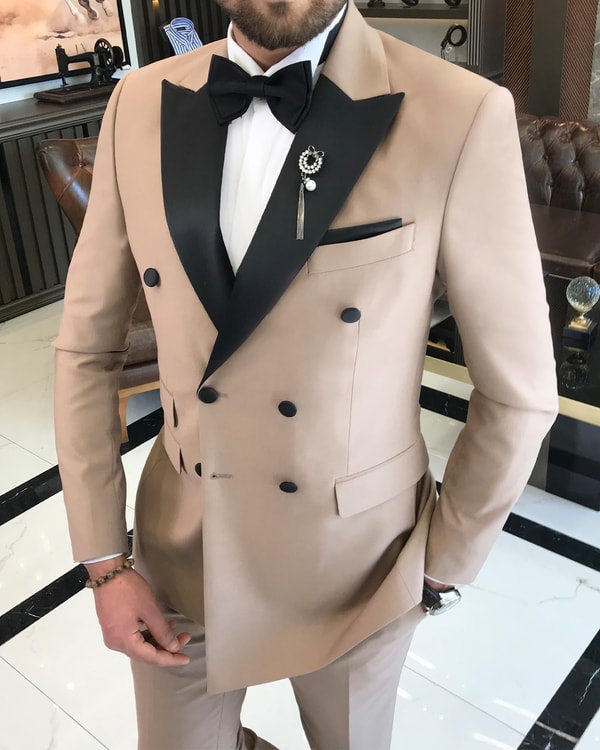 İtalyan kesim slim fit kruvaze ceket pantolon damatlık set camel T9219