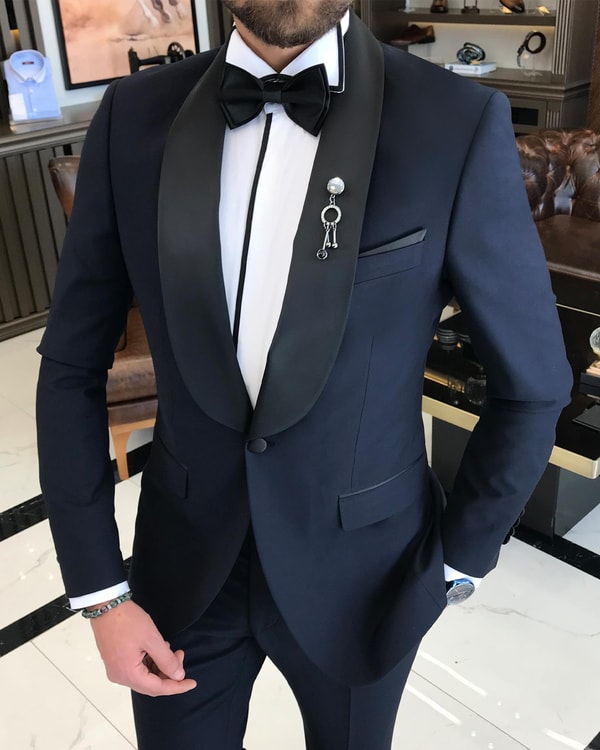 İtalyan kesim slim fit şal yaka ceket pantolon damatlık set lacivert T9182