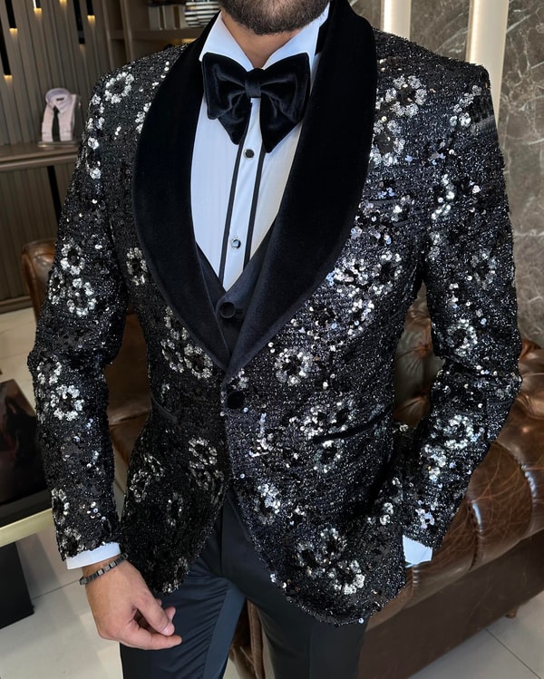 İtalyan kesim slim fit şal yaka ceket yelek pantolon damatlık set siyah T10228
