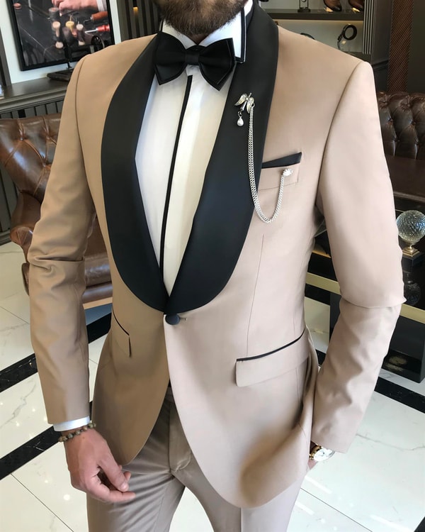 İtalyan kesim slim fit şal yaka ceket pantolon damatlık set Camel T9177