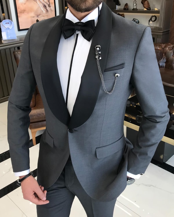 İtalyan kesim slim fit şal yaka ceket pantolon damatlık set antrasit T9180