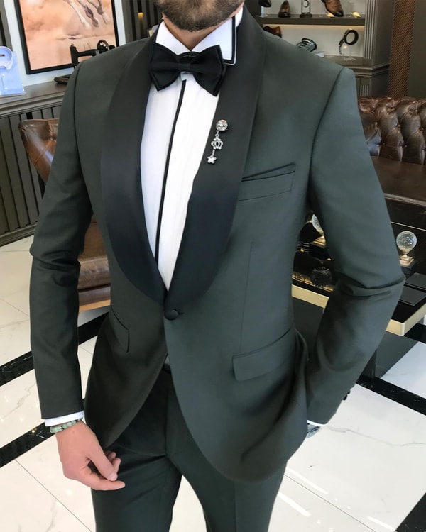 İtalyan kesim slim fit şal yaka ceket pantolon damatlık set yeşil T9181
