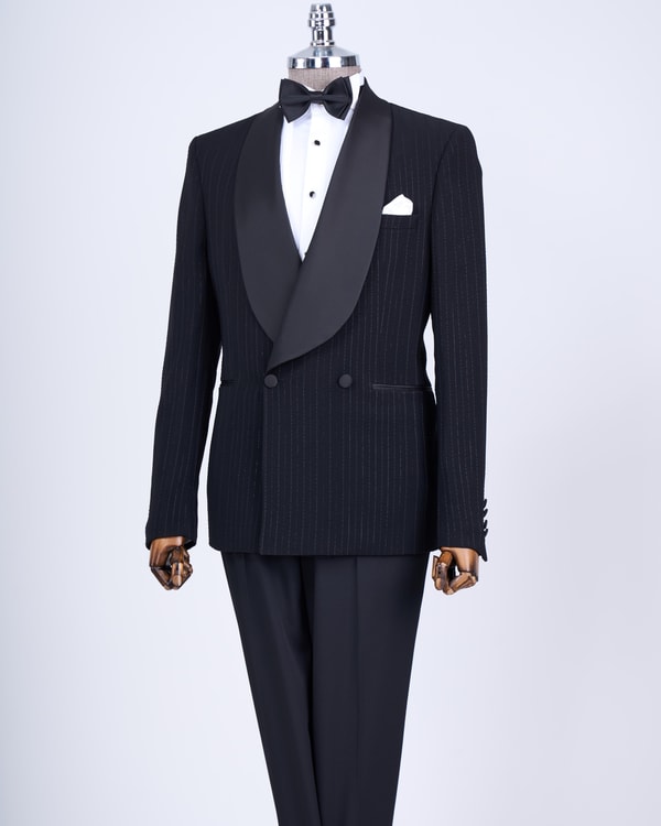 İtalyan kesim slim fit şal yaka kruvaze ceket pantolon damatlık set siyah T13630