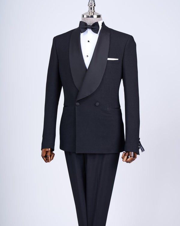İtalyan kesim slim fit şal yaka kruvaze ceket pantolon damatlık set siyah T13631