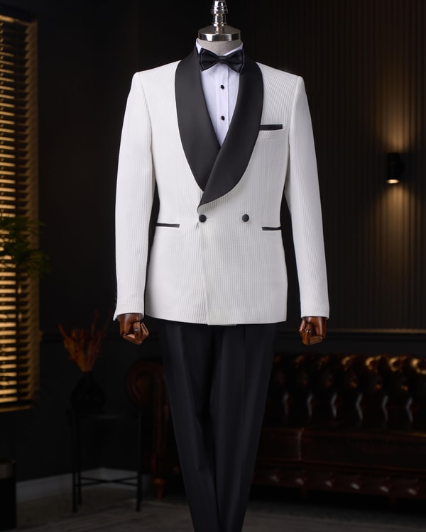 İtalyan kesim slim fit şal yaka kruvaze ceket pantolon damatlık set beyaz T13632