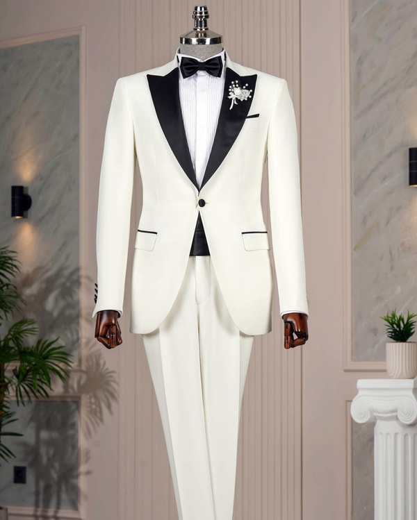 İtalyan kesim slim fit sivri yaka ceket pantolon damatlık set ekru T12221