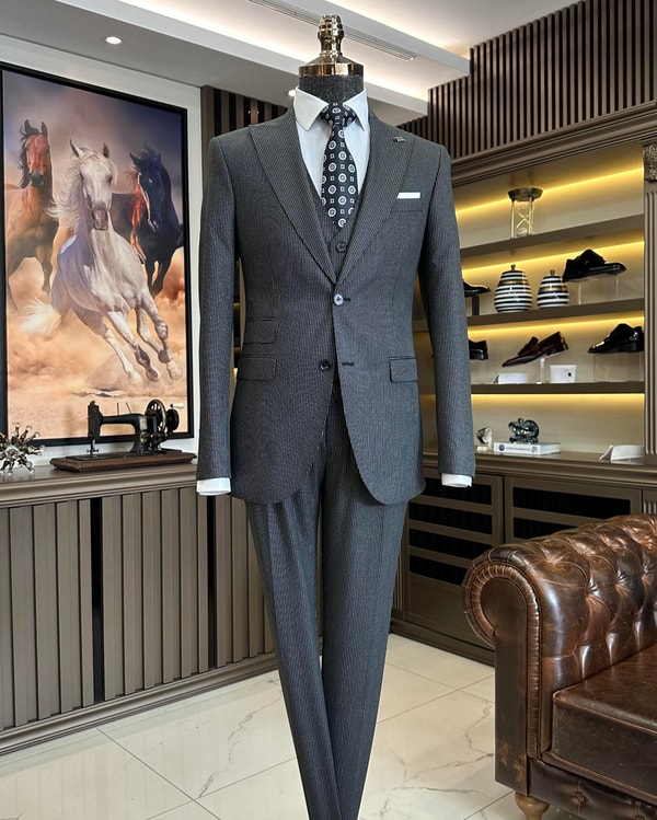 İtalyan stil 8 drop çizgili ceket pantolon takım elbise antrasit T10713