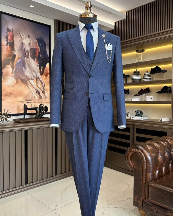 İtalyan stil 8 drop çizgili ceket pantolon takım elbise lacivert T10716