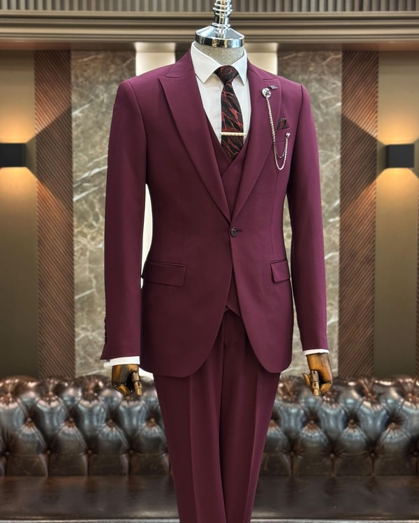 İtalyan stil ceket yelek pantolon takım elbise bordo T12004