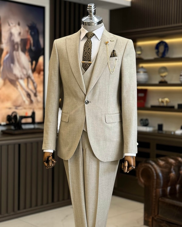 İtalyan stil ceket yelek pantolon takım elbise bej T12507