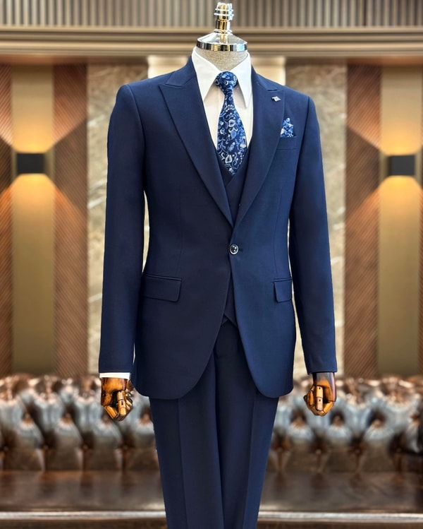 İtalyan stil ceket yelek pantolon takım elbise lacivert T12021