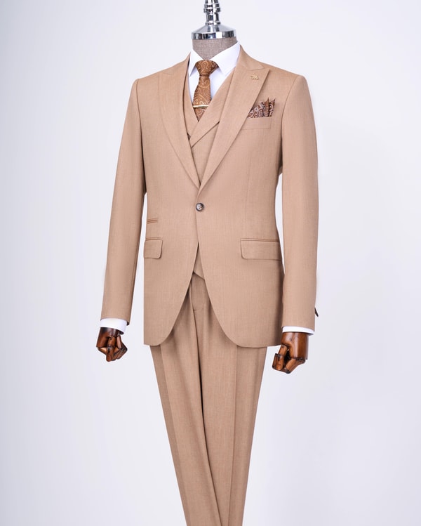 İtalyan stil ceket yelek pantolon takım elbise camel T12820