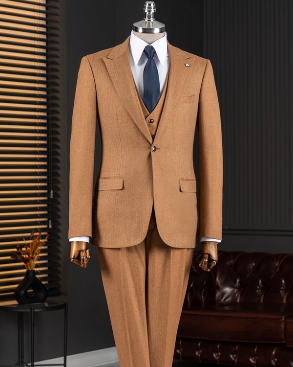 İtalyan stil ceket yelek pantolon takım elbise camel T12864