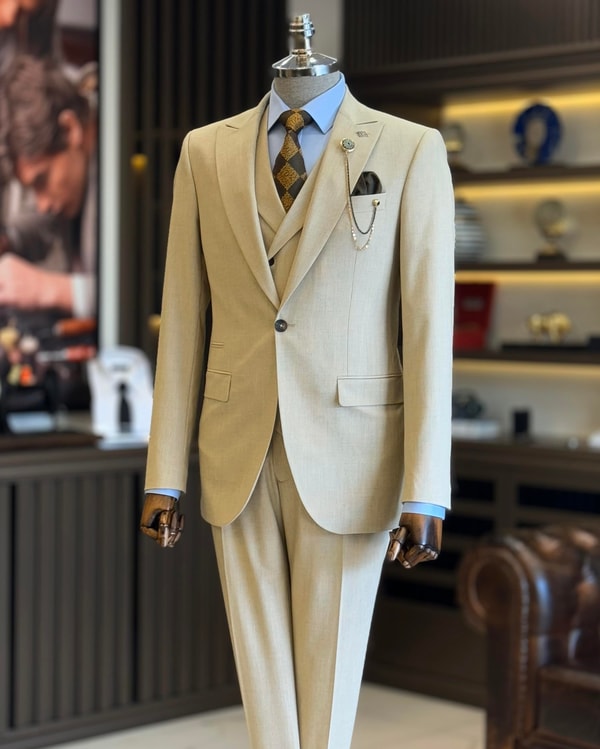 İtalyan stil ceket yelek pantolon takım elbise bej T12819