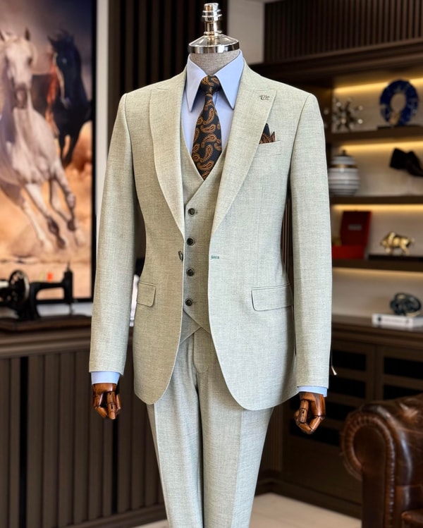 İtalyan stil ceket yelek pantolon takım elbise yeşil T12527