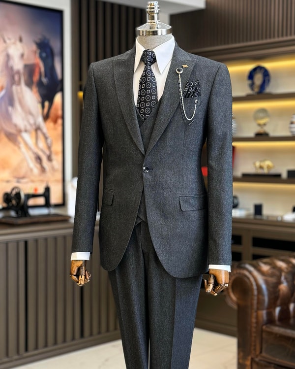 İtalyan stil ceket yelek pantolon takım elbise Siyah T12506