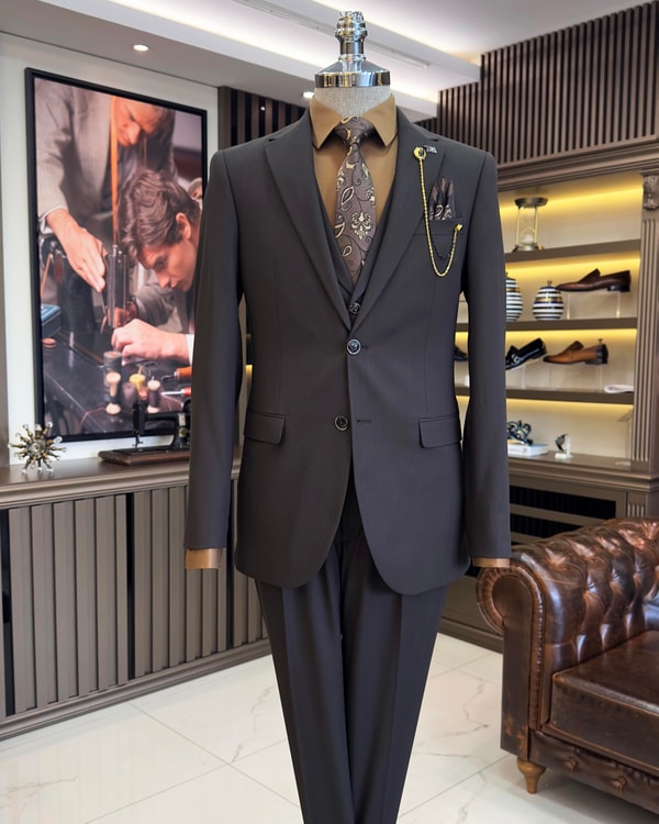 İtalyan stil ceket yelek pileli pantolon takım elbise kahverengi T11287